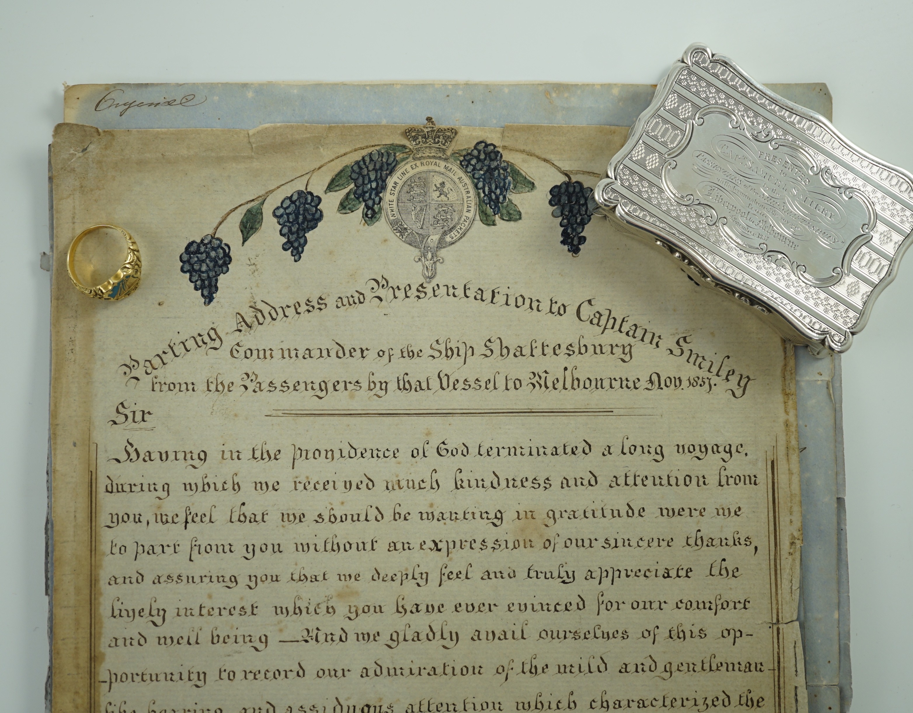 Australian naval interest - A Victorian engraved silver presentation snuff box, inscribed 'Presented to Capt. Samuel Smiley by the Passengers of the Ship Shaftesbury on the Termination of the Voyage from Liverpool to Mel